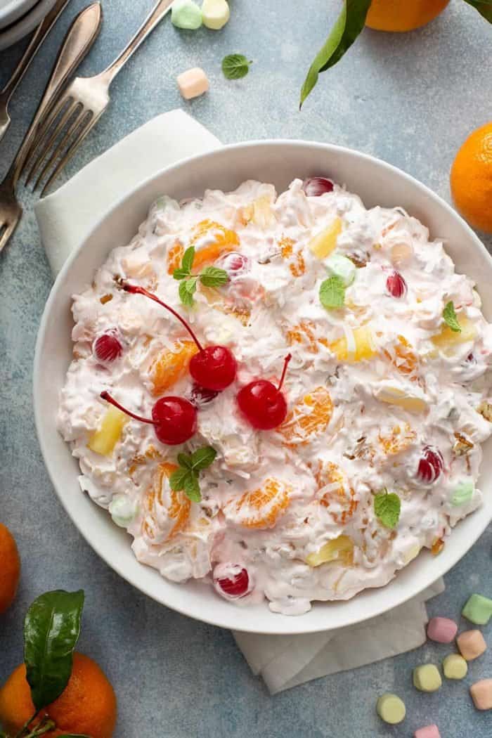 Overhead view of ambrosia salad in a serving dish