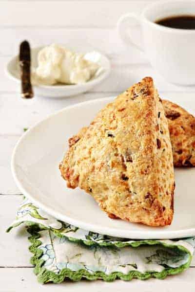 Two bacon chocolate scones on a plate