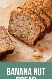 Sliced loaf of banana nut bread on a piece of parchment paper. Text overlay includes recipe name.