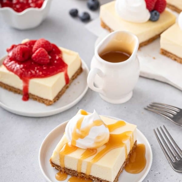 Plated cheesecake bars topped with various toppings: caramel, raspberry sauce, and fresh fruit