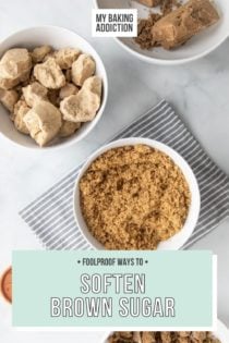 Several white bowls on a marble countertop filled with soft brown sugar and hard brown sugar clumps. Text overlay includes post name.