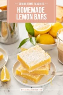 Three sliced lemon bars stacked on a white plate. Text overlay includes recipe name.