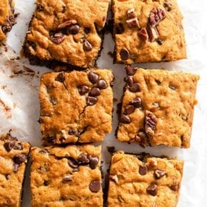 Freshly baked and sliced pumpkin blondies overhead view