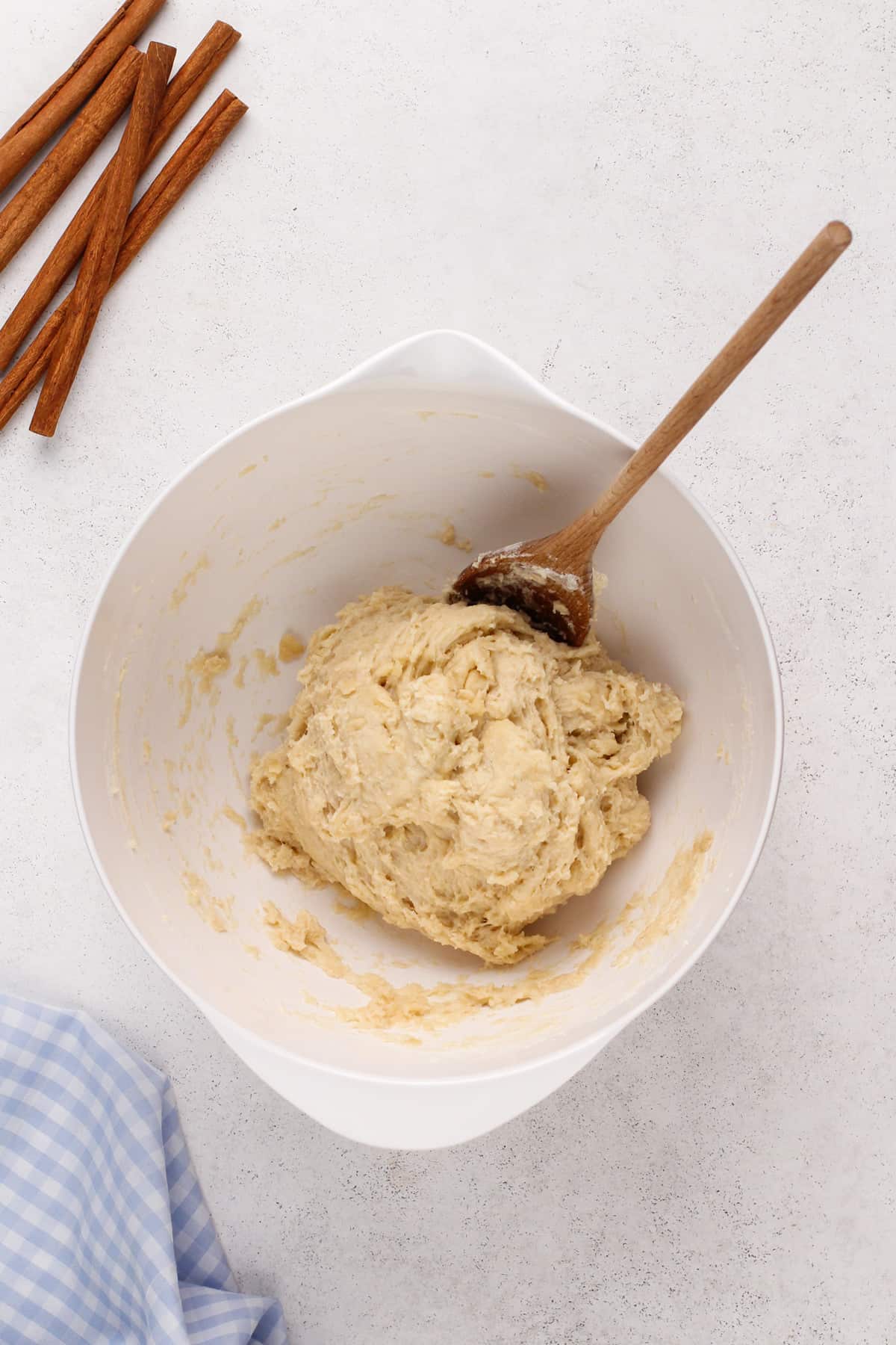 Shaggy dough in a white bowl.