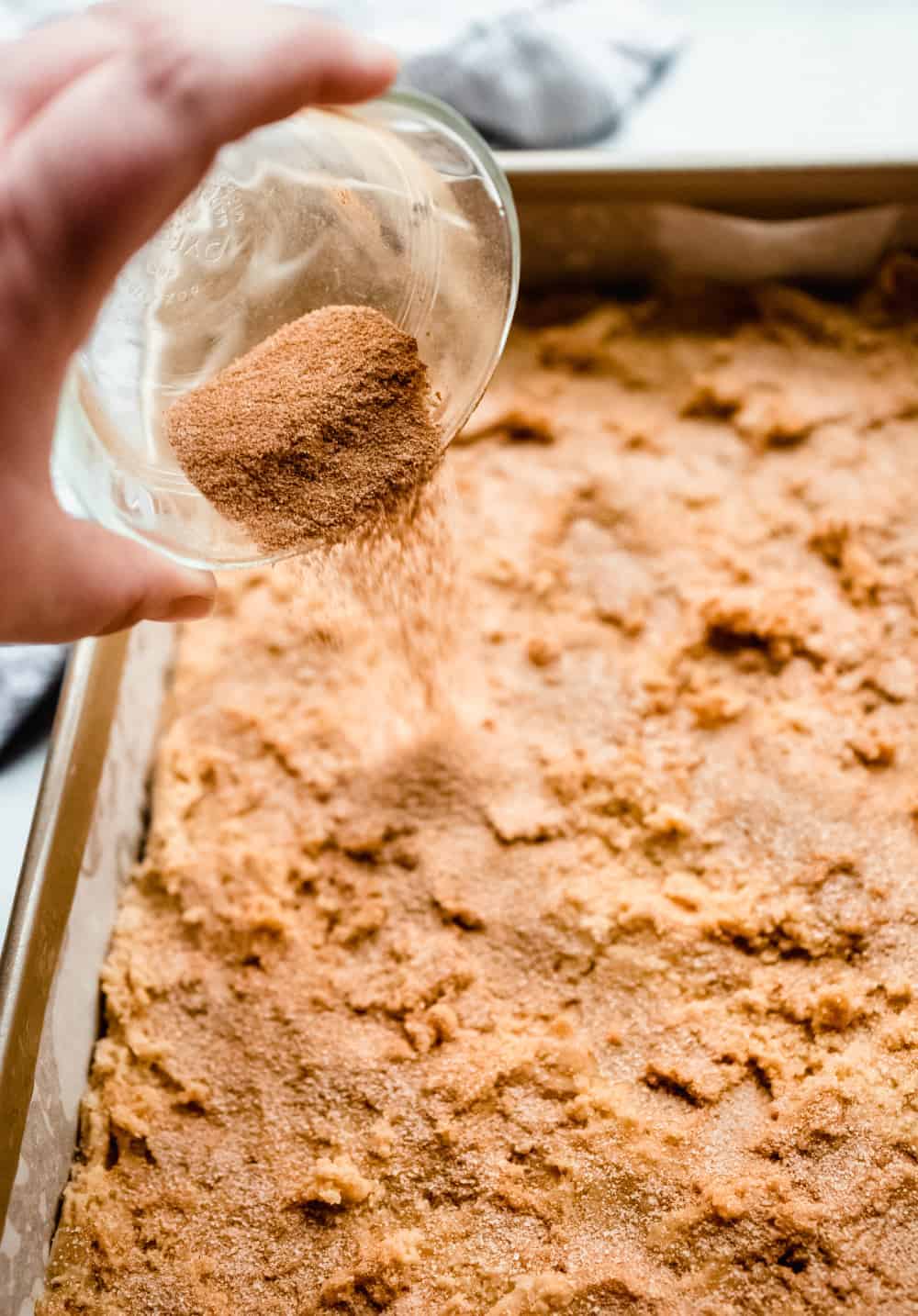 Hand sprinkling cinnamon-sugar over the dough for snickerdoodle blondies