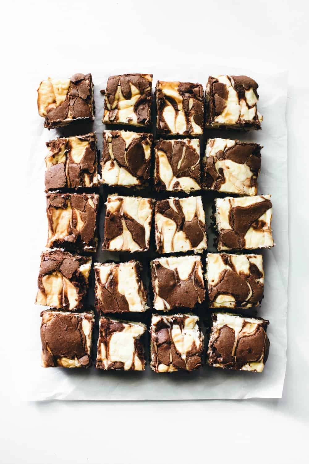 Overhead view of sliced pan of tiramisu brownies