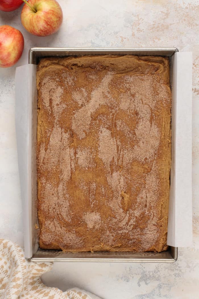 Unbaked apple cider blondies, ready to go in the oven.