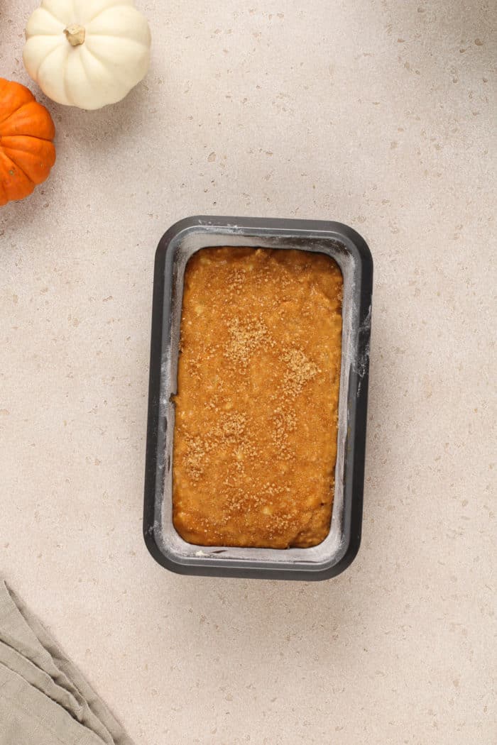 Unbaked loaf of banana bread ready to go in the oven.